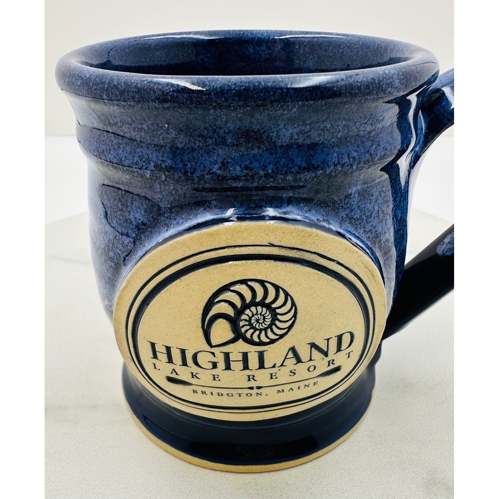 Grey Fox Pottery Highland Lake Resort Maine Blue Glaze Handmade Stoneware Mug